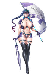 Rule 34 | 1girl, black hair, black thighhighs, breasts, cropped jacket, fei (maidoll), flag, gloves, high ponytail, highleg, highleg panties, highres, holding, holding flag, huge breasts, jacket, jewelry, miniskirt, navel, necklace, official art, panties, parted lips, purple gloves, purple jacket, purple skirt, race queen, see-through, simple background, skirt, solo, sunglasses, taimanin (series), taimanin rpgx, thighhighs, uehara rin, umbrella, underwear, white background