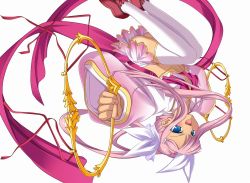 Rule 34 | blue eyes, blush, cropped jacket, fang, foreshortening, hikage eiji, jumping, koihime musou, legs, long hair, midriff, miniskirt, pink hair, ribbon, shoes, simple background, skirt, smile, solo, somersault, sonshoukou, thighhighs, twintails, very long hair, weapon