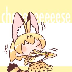 Rule 34 | animal ear fluff, animal ears, bad id, bad twitter id, blush, bow, bowtie, chibi, closed eyes, commentary request, eating, food, inukoro (spa), kemono friends, lowres, medium hair, pizza, serval (kemono friends), simple background, skirt, tail, traditional bowtie