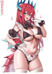 Rule 34 | 1girl, :d, apron, bikini, black bikini, black bow, black bowtie, black sleeves, black wrist cuffs, blue eyes, blue horns, bow, bowtie, breasts, cleavage, commentary request, detached collar, detached sleeves, dragon girl, dragon horns, dragon tail, duel monster, ebifurya, fang, gloves, gradient horns, green horns, hair between eyes, hand on own hip, hand to own mouth, highres, horns, kitchen dragonmaid, large breasts, long hair, maid, maid apron, maid bikini, multicolored horns, navel, open mouth, red hair, skindentation, smile, solo, sparkle, swimsuit, tail, thighhighs, twitter username, unconventional maid, white background, white gloves, white thighhighs, wrist cuffs, yu-gi-oh!