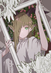 Rule 34 | 1girl, absurdres, arm up, breasts, brown hair, buttons, commentary, empty picture frame, flower, frilled shirt, frills, goat horns, green eyes, hair over one eye, hand up, highres, holding, horns, long hair, looking at viewer, nico-tine, original, parted lips, picture frame, pink flower, pointy ears, purple flower, shirt, small breasts, solo, upper body, wide sleeves