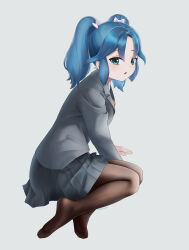 Rule 34 | 1girl, aged down, alternate costume, beleven, black pantyhose, blue eyes, blue hair, blush, bow, coat, feet, grey coat, grey skirt, hair bow, highres, kako (kemono friends), kemono friends, kemono friends 3, legs, long sleeves, looking at viewer, no shoes, pantyhose, pleated skirt, school uniform, short twintails, sidelocks, sitting, skirt, soles, solo, toes, twintails, white bow, yokozuwari