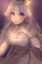 Rule 34 | 1girl, absurdres, artist name, blush, breasts, brooch, cleavage, closed mouth, crown, detached collar, dress, et0plasm, female focus, gloves, hair flaps, hand on own chest, hand up, highres, jewelry, large breasts, light particles, lips, long hair, looking at viewer, mario (series), mini crown, new super mario bros. u deluxe, nintendo, princess king boo, puffy short sleeves, puffy sleeves, purple background, red eyes, short sleeves, sidelocks, signature, skindentation, solo, super crown, tilted headwear, upper body, wavy mouth, white dress, white gloves, white hair, yellow headwear