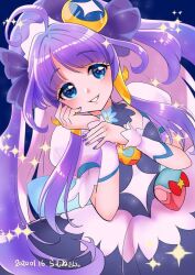 Rule 34 | 1girl, ahoge, blue eyes, blush, commentary request, crescent, crescent earrings, cure selene, earrings, jewelry, kaguya madoka, long hair, magical girl, pouch, precure, purple hair, purple nails, ramune02, short sleeves, smile, solo, star twinkle precure