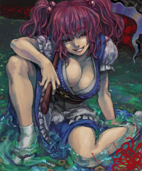Rule 34 | 1girl, ashijirou, breasts, cleavage, dress, female focus, grin, hair bobbles, hair ornament, large breasts, lips, lipstick, makeup, onozuka komachi, over shoulder, partially submerged, puffy short sleeves, puffy sleeves, red eyes, red hair, sandals, scythe, short sleeves, sitting, smile, socks, solo, tabi, touhou, twintails, two side up, unaligned breasts, water, weapon, weapon over shoulder