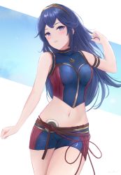 Rule 34 | 1girl, adapted costume, arm strap, blue background, blue eyes, blue hair, blush, breasts, cowboy shot, crop top, fire emblem, fire emblem awakening, hairband, hand in own hair, highres, leonmandala, long hair, looking at viewer, lucina (fire emblem), medium breasts, midriff, navel, nintendo, parted lips, short shorts, shorts, signature, sleeveless, solo, string, symbol-shaped pupils, taut clothes, thighs, two-tone background, white background