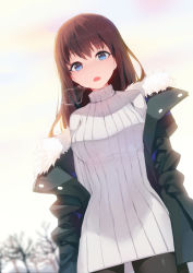 Rule 34 | 1girl, :o, bare tree, black pantyhose, breasts, breath, brown eyes, brown hair, coat, dress, expressionless, fur-trimmed coat, fur trim, long hair, long sleeves, medium breasts, open clothes, open coat, open mouth, original, pantyhose, ronopu, sky, solo, straight hair, sweater, sweater dress, tree, turtleneck, turtleneck dress, turtleneck sweater, winter, winter clothes, winter coat