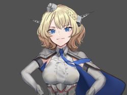 Rule 34 | 1girl, blonde hair, blue eyes, blue necktie, braid, breasts, capelet, colorado (kancolle), dress, elbow gloves, garrison cap, gloves, grey background, grey dress, hands on own hips, hat, headgear, kantai collection, large breasts, necktie, pleated dress, shirt, short hair, side braids, simple background, sleeveless, smug, solo, split mouth, stota1320, upper body, white shirt