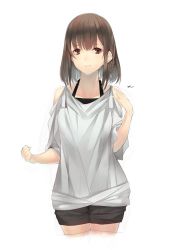 Rule 34 | 1girl, :3, bare shoulders, black shorts, braid, brown eyes, brown hair, closed mouth, collarbone, cropped legs, dated, hand up, light smile, looking at viewer, off shoulder, original, rayvon, short shorts, shorts, side braid, simple background, smile, solo, white background