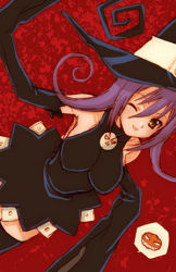 Rule 34 | 00s, 1girl, blair (soul eater), hat, lowres, one eye closed, purple hair, solo, soul eater, thighhighs, wink