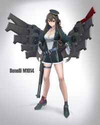 Rule 34 | 12-gauge, 1girl, absurdres, ammunition, armor, bad id, bad pixiv id, ballistic shield, bare legs, benelli armi spa, benelli m4 super 90, black hair, breasts, buttons, character name, check commentary, cleavage, clenched hands, closed mouth, coat, combat shotgun, commentary request, criss-cross halter, frown, full body, girls&#039; frontline, gradient background, gun, hair between eyes, hair ornament, halterneck, hands on own hips, headphones, heterochromia, highres, kasasasagi, large breasts, long hair, m1014, m1014 (girls&#039; frontline), machinery, partially unbuttoned, pump-action shotgun, pump action, red eyes, semi-automatic firearm, semi-automatic shotgun, shield, shield module, shoes, shotgun, shotgun shell, sidelocks, solo, standing, thigh strap, thighs, weapon, wide sleeves, x hair ornament, yellow eyes