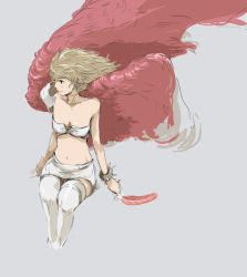 Rule 34 | angel, bare shoulders, bracelet, feathers, jewelry, midriff, miniskirt, red wings, simple background, sitting, skirt, solo, spikes, thighhighs, wings, zettai ryouiki
