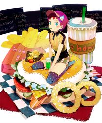 Rule 34 | 1girl, ame (conronca), bacon, blue eyes, blush, burger, buttons, checkered floor, drink, english text, engrish text, floor, food, french fries, gradient legwear, mouth hold, multicolored clothes, multicolored legwear, onion rings, original, patterned legwear, pickle, pillow, print thighhighs, purple hair, ranguage, short hair, sitting, skirt, solo, star (symbol), star print, striped, thighhighs, tomato, uniform, visor, visor cap