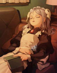 Rule 34 | 1girl, apron, bloody marie (skullgirls), book, book on lap, brooch, couch, curtains, dress, closed eyes, grey hair, hair ornament, haraguro jakku, highres, jewelry, juliet sleeves, lamp, long sleeves, lying, maid headdress, on back, open mouth, pillow, puffy sleeves, skull hair ornament, skullgirls, sleeping, table, twintails