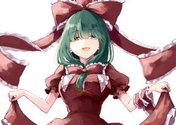Rule 34 | 1girl, :d, blurry, blurry foreground, clothes lift, deetamu, depth of field, dress, dress lift, frills, front ponytail, green hair, hair ribbon, holding, holding clothes, kagiyama hina, lifted by self, long hair, looking at viewer, open mouth, puffy sleeves, red dress, ribbon, simple background, skirt hold, smile, solo, touhou, white background