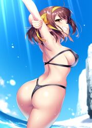 Rule 34 | 1girl, arm up, armpits, ass, back, bikini, black bikini, blue sky, blurry, blurry background, blush, breasts, brown eyes, brown hair, commentary request, commission, cowboy shot, curvy, eyelashes, floating hair, from behind, grin, hair ribbon, hairband, happy, head tilt, large breasts, light rays, looking at viewer, looking back, multicolored hair, ocean, one eye closed, outdoors, ribbon, shiny skin, sideboob, skeb commission, skindentation, sky, smile, solo, standing, stretching, suzumiya haruhi, suzumiya haruhi no yuuutsu, swimsuit, thighs, wet, yellow hairband, yellow ribbon, zen (kamuro)