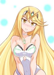 Rule 34 | 1girl, bare shoulders, blonde hair, blush, breasts, cleavage, closed mouth, commentary, cougar (cougar1404), covered navel, female focus, headpiece, large breasts, long hair, looking at viewer, matching hair/eyes, mythra (xenoblade), nintendo, solo, very long hair, xenoblade chronicles (series), xenoblade chronicles 2, xenoblade chronicles (series), xenoblade chronicles 2, yellow eyes