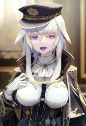 Rule 34 | 1girl, animal ears, ascot, blunt bangs, blurry, blurry background, breasts, candy, character request, commentary request, flat cap, food, gloves, gold trim, hand up, hat, highres, indoors, light blush, lollipop, long hair, looking at viewer, medium breasts, military, military uniform, mouth hold, open mouth, purple eyes, sidelocks, silver hair, solo, syuri22, teeth, uniform, upper body, upper teeth only, white ascot, white gloves