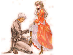 Rule 34 | 1boy, 1girl, archer (fate), artist request, blue eyes, boots, brown hair, colored pencil (medium), corset, dark skin, dark-skinned male, dress, closed eyes, fate/stay night, fate (series), formal, frills, gloves, gown, high heels, knee boots, kneeling, long hair, long legs, orange dress, puffy sleeves, shoes, suit, thighhighs, tohsaka rin, traditional media, two side up, white background, white gloves, white hair, wide sleeves