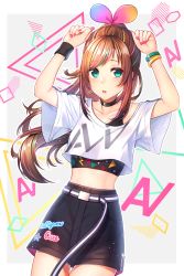 Rule 34 | 1girl, arms up, belt, blue eyes, blush, bow, breasts, brown hair, choker, collarbone, crop top, crop top overhang, hairband, highres, kitazume kumie, kizuna ai, kizuna ai inc., long hair, looking at viewer, midriff, multicolored bow, multicolored hair, nail polish, official alternate costume, open mouth, pink hair, pink nails, ponytail, ribbon, shirt, shorts, solo, song name, streaked hair, virtual youtuber, wristband