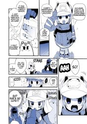 Rule 34 | 1girl, 1other, ambiguous gender, animal ears helmet, arknights, bag, blush, boots, doctor (arknights), english text, feeding, fire helmet, firefighter jacket, firefighter, gloves, hard-translated, highres, jacket, nut (food), plastic bag, salute, shaw (arknights), sound effects, speech bubble, squirrel girl, squirrel tail, tail, tea/pot, third-party edit