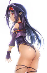 Rule 34 | 1girl, ahoge, armor, ass, bare legs, bare shoulders, breastplate, commentary request, detached sleeves, fingerless gloves, gloves, hair between eyes, hairband, highres, konno yuuki (sao), leotard, long hair, open mouth, pointy ears, purple armor, purple gloves, purple hair, red eyes, red hairband, shimo (depthbomb), simple background, solo, sword art online, yuuki (sao)