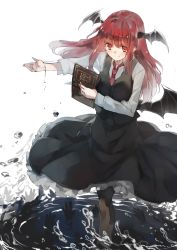 Rule 34 | 1girl, bat wings, blush, book, full body, head wings, ken (coffee michikusa), koakuma, long hair, long sleeves, necktie, open book, outstretched arm, pantyhose, pointy ears, red eyes, red hair, shirt, simple background, skirt, skirt set, smile, solo, touhou, upskirt, vest, water, white background, wings