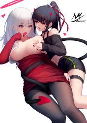 Rule 34 | 2girls, angel girl (shimmer), artist logo, black-haired demon girl (shimmer), black choker, black hair, black nails, black pantyhose, black shorts, blue eyes, grabbing another&#039;s breast, breasts, breasts out, choker, clothes pull, demon horns, demon tail, dress, dress pull, grabbing, hair ribbon, halo, heart, highres, horns, long sleeves, multiple girls, nail polish, nipples, open mouth, original, pantyhose, ponytail, red dress, red eyes, ribbon, shimmer, shorts, simple background, tail, tail wrap, thigh strap, tongue, tongue out, white background, white hair, yuri