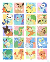 Rule 34 | :d, bird, black eyes, blush stickers, brown eyes, bulbasaur, charmander, chespin, chikorita, chimchar, closed mouth, commentary, commentary request, creature, creatures (company), cyndaquil, eevee, fennekin, fiery tail, fire, flame-tipped tail, froakie, game freak, gen 1 pokemon, gen 2 pokemon, gen 3 pokemon, gen 4 pokemon, gen 5 pokemon, gen 6 pokemon, happy, highres, lai (pixiv1814979), looking at viewer, mudkip, multicolored background, nintendo, no humans, open mouth, orange eyes, oshawott, pikachu, piplup, pokemon, pokemon (creature), red eyes, sharp teeth, smile, snivy, squirtle, starter pokemon trio, tail, teeth, tepig, torchic, totodile, treecko, turtwig, waving, yellow eyes