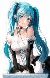Rule 34 | 1girl, aqua eyes, aqua hair, bare shoulders, breasts, collarbone, commentary, cross-laced clothes, dalhaesi1304, detached sleeves, dress, hair ornament, hand on table, hatsune miku, highres, long hair, looking at viewer, pendant choker, simple background, smile, twintails, very long hair, vocaloid