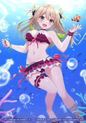 Rule 34 | 1girl, :d, animal, bangle, bare shoulders, bikini, bracelet, breasts, character request, clownfish, commentary request, copyright notice, coral, day, fish, hand up, jellyfish, jewelry, komori kuzuyu, light brown hair, long hair, medium breasts, nail polish, navel, official art, open mouth, outdoors, red bikini, red nails, smile, solo, swimsuit, two side up, underwater, water, wrist cuffs, yellow eyes, z/x