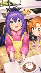 Rule 34 | 2girls, absurdres, ahoge, apron, aqua eyes, blush, commentary request, curry, curry rice, cutting board, day, dot nose, food, food on face, hair between eyes, hair ribbon, hand up, hands up, highres, holding, holding spoon, idolmaster, idolmaster million live!, indoors, kitchen, kitchen knife, long hair, looking at another, looking at viewer, mochizuki anna, multiple girls, open mouth, orange hair, pink sweater, polka dot, ponytail, purple hair, ribbon, rice, shennai misha, shirt, short hair, sidelocks, smile, spoon, sweater, table, tongue, tongue out, white shirt, window, yabuki kana, yellow apron, yellow eyes, yellow shirt