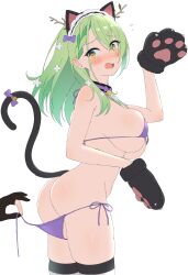 Rule 34 | 1girl, absurdres, animal ears, animal hands, antlers, ass, bell, bikini, blush, breasts, butt crack, cat ears, cat paws, cat tail, ceres fauna, collar, embarrassed, fake animal ears, flower, flying sweatdrops, green hair, hair flower, hair ornament, hair ribbon, highres, hololive, hololive english, horns, jingle bell, large breasts, long hair, looking back, maid headdress, mole, mole under eye, norigure18, open mouth, panties, ribbon, side-tie bikini bottom, simple background, skindentation, solo, sweat, swimsuit, tail, tail ornament, tail ribbon, thighhighs, underwear, virtual youtuber, white background, yellow eyes