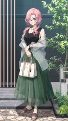 Rule 34 | 1girl, bag, black-framed eyewear, black shirt, blue eyes, blush, breasts, brown footwear, collarbone, commentary, day, dot nose, fern, full body, glasses, green skirt, handbag, highres, holding, holding bag, holding own arm, jacket, kakuremino7928, layered skirt, long hair, long skirt, looking at viewer, low twintails, medium breasts, nail polish, off shoulder, open clothes, open jacket, open mouth, original, outdoors, over-rim eyewear, parted bangs, parted hair, pink hair, pleated skirt, purple nails, sandals, see-through, see-through jacket, see-through skirt layer, semi-rimless eyewear, shirt, skirt, sleeveless, sleeveless shirt, smile, solo, standing, toenails, tree, twintails, twitter username, watch, wavy hair, white bag, wristwatch