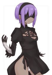 Rule 34 | 1girl, black blindfold, black dress, black gloves, black hairband, blindfold, blush, breasts, cleavage, cleavage cutout, closed mouth, clothing cutout, cosplay, dark-skinned female, dark skin, dress, elbow gloves, fate/prototype, fate/prototype: fragments of blue and silver, fate (series), gloves, grey background, hair between eyes, hairband, hassan of serenity (fate), i.u.y, juliet sleeves, long sleeves, medium breasts, nier:automata, nier (series), panties, puffy sleeves, purple hair, solo, two-tone background, underwear, white background, white panties, 2b (nier:automata), 2b (nier:automata) (cosplay)