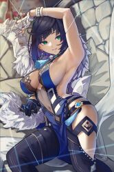 Rule 34 | 1girl, absurdres, archinoer, arm up, armpits, arms up, asymmetrical gloves, blue hair, bob cut, bracelet, breasts, cleavage, colored inner hair, covered navel, diagonal bangs, dice, earrings, fingerless gloves, genshin impact, gloves, green eyes, grin, highres, hip vent, jewelry, large breasts, looking at viewer, lying, mismatched gloves, mole, mole on breast, multicolored hair, navel, on side, parted lips, purple hair, short hair, sideboob, single fingerless glove, smile, solo, strap gap, string, tassel, vision (genshin impact), yelan (genshin impact)