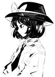 Rule 34 | 1girl, bow, closed mouth, collared shirt, fedora, from side, hanokami, hat, hat bow, high contrast, highres, long sleeves, monochrome, necktie, shirt, short hair, simple background, solo, touhou, upper body, usami renko