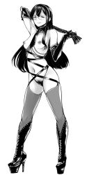 Rule 34 | 10s, 1girl, alternate costume, arm up, armpits, bare shoulders, breasts, cat o&#039; nine tails, detached collar, dominatrix, elbow gloves, female pubic hair, full body, glasses, gloves, greyscale, hairband, high heels, kantai collection, long hair, monochrome, navel, nipple piercing, ooyodo (kancolle), piercing, pubic hair, simple background, solo, standing, thighhighs, whip, white background, yurikawa