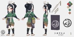 Rule 34 | 1girl, absurdres, arm guards, bike shorts, black hair, black shorts, brown footwear, character sheet, color guide, commentary request, green kimono, grey background, hair ornament, hairclip, hairpin, highres, japanese clothes, kimono, kuro kosyou, long hair, multiple views, original, parted bangs, ponytail, sandals, short eyebrows, short shorts, shorts, simple background, thick eyebrows, translation request, turnaround, zouri