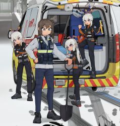 Rule 34 | 4girls, ambulance, black footwear, black pants, black shirt, blue pants, brown hair, commentary request, dongdong (0206qwerty), footprints, girls&#039; frontline, highres, holding, holding shovel, k2 (girls&#039; frontline), long hair, long sleeves, motor vehicle, multiple girls, outdoors, pants, paramedic, patch, police, police uniform, policewoman, shirt, shoes, shovel, snow, south korea, south korean flag, uniform, usas-12 (girls&#039; frontline), white hair, white shirt, winter