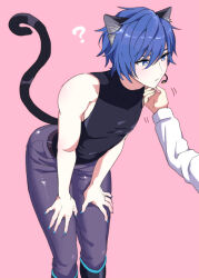 Rule 34 | 1boy, ?, akiyoshi (tama-pete), animal ears, blue eyes, blue hair, blue nails, cat boy, cat ears, cat tail, closed mouth, from side, hand on another&#039;s chin, hands on own knees, kaito (vocaloid), leaning forward, looking at another, male focus, pants, pink background, purple pants, short hair, simple background, sleeveless, sleeveless turtleneck, stroking another&#039;s chin, tail, turtleneck, vocaloid