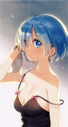 Rule 34 | 10s, 1girl, alternate costume, artist name, ayami (annahibi), bare shoulders, blue eyes, blue hair, bow, breasts, camisole, cleavage, closed mouth, collarbone, dripping, drying hair, hair over one eye, highres, looking at viewer, medium breasts, pink bow, pink lips, re:zero kara hajimeru isekai seikatsu, rem (re:zero), scan, short hair, smile, solo, strap slip, upper body, water drop, wet, wet hair