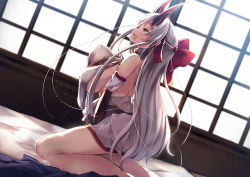 Rule 34 | 1girl, bare shoulders, breasts, commentary, fate/grand order, fate (series), female masturbation, horns, indoors, large breasts, long hair, masturbation, nakatokung, open mouth, orange eyes, solo, tomoe gozen (fate), unaligned breasts, very long hair, white hair