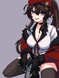 Rule 34 | 1girl, beret, black choker, black thighhighs, blue eyes, breasts, brown hair, choker, cleavage, female commander (girls&#039; frontline), fur-trimmed jacket, fur trim, girls&#039; frontline, gun, hair between eyes, handgun, hat, highres, holding, holding gun, holding weapon, jacket, kneeling, large breasts, long hair, off shoulder, open clothes, open jacket, open mouth, pixel art, ponytail, purple background, red hat, red jacket, shirt, simple background, solo, teeth, termichan (not-a-bot), thighhighs, upper teeth only, weapon, white shirt, yiricannon