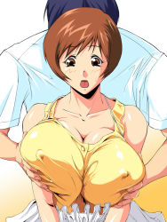 Rule 34 | 1girl, bare arms, bare shoulders, grabbing another&#039;s breast, breasts, brown eyes, brown hair, cleavage, collarbone, covered erect nipples, eyebrows, grabbing, gradient background, groping, highres, huge breasts, looking down, open mouth, sakura na omiki, shiny skin, short hair, simple background, sleeveless, solo focus, super real mahjong, toyohara etsuko, upper body