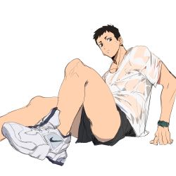 Rule 34 | 1boy, black shorts, casual, covered erect nipples, foot out of frame, foreshortening, haikyuu!!, highres, huan shi tian tong, looking at viewer, male focus, nike (company), sawamura daichi, see-through, shirt, shoes, short hair, shorts, sneakers, solo, thighs, toned, toned male, unfinished, wet, wet clothes, wet shirt, white background, white shirt