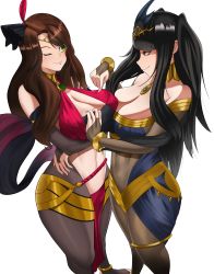 Rule 34 | 2girls, absurdres, alternate costume, bare shoulders, black eyes, black hair, bodystocking, bodysuit, bracelet, breasts, brown hair, choker, circlet, cleavage, cleavage cutout, clothing cutout, detached sleeves, dorothea arnault, female focus, fire emblem, fire emblem: three houses, fire emblem awakening, fire emblem heroes, green eyes, hair ornament, highres, hime cut, jewelry, large breasts, loincloth, long hair, matching hair/eyes, multiple girls, navel, nintendo, official alternate costume, okaimikey, one eye closed, pantyhose, purple eyes, sash, simple background, skin tight, stomach, stomach cutout, tharja (fire emblem), tharja (plegian) (fire emblem), tiara, toeless legwear, white background, wink