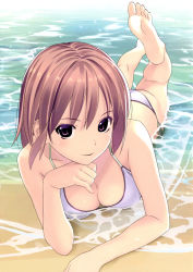 Rule 34 | 1girl, absurdres, bare shoulders, barefoot, beach, bikini, breasts, brown hair, cleavage, day, hand on own chin, head rest, highres, koutaro, looking at viewer, lying, medium breasts, on stomach, original, outdoors, purple eyes, scan, shiny skin, side-tie bikini bottom, sidelocks, smile, solo, swimsuit, the pose, toes, water