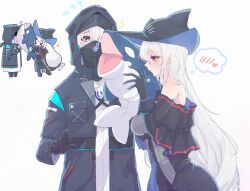 Rule 34 | 1boy, 1girl, arknights, ascot, bare shoulders, black ascot, black coat, black gloves, black headwear, black pants, blush, breasts, closed mouth, clothing cutout, coat, detached sleeves, doctor (arknights), feet out of frame, gloves, grey eyes, grey hair, hat, heart, highres, holding, hood, hood up, large breasts, light blush, long hair, long sleeves, low-tied long hair, mask, off shoulder, open clothes, open coat, pants, pointy hat, red eyes, shirt, simple background, skadi (arknights), sleeves past wrists, speech bubble, stuffed animal, stuffed toy, sweat, sweatdrop, tsume3mai, upper body, very long hair, white background