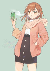 Rule 34 | 1girl, bare legs, belt, black skirt, breasts, breath, brown eyes, brown hair, buttons, cellphone, cowboy shot, diamond (shape), fingernails, gekota, green background, hair ornament, hairclip, hand in pocket, high-waist skirt, holding, holding phone, jacket, looking at object, misaka mikoto, official alternate costume, open mouth, parted lips, pencil skirt, phone, pink jacket, pink scarf, scarf, shirt, short hair, skirt, small breasts, solo, surprised, tautiki, toaru kagaku no railgun, toaru majutsu no index, white shirt